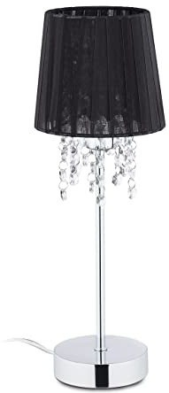 Relaxdays Tischlampe Kristall, Lampenschirm aus Organza, runder Standfuß, Nachttischlampe, HxD 41x14,5cm, schwarz/Silber | runder Standfuß, Nachttischlampe, HxD 41x14,5cm
