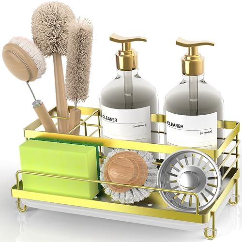 Cisily Küchenspüle Caddy Gold Unisex 13,5 cm breit 24,1 cm lang 4 Stauräume schmutzabweisend Tablett Anti-Rost Leicht zu reinigen