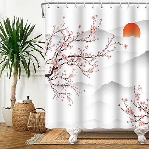 SDOTPMT Cortina de Baño 150x180cm - Flores de Cerezo Asiáticas, Rama de Melocotón del Monte Fuji en Japón, Sunrise Mist - Decoración para el Baño