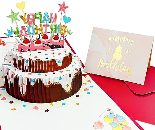 1 Pc Pop Up Birthday Card Con 1 Tarjeta De Felicitación Escrita A Mano Rosa, Tarjeta De Pastel De Fresa De Color, Tarjeta De Feliz Cumpleaños 3d Estereoscópica, Ideal Para Enviar A La Familia, Amigos
