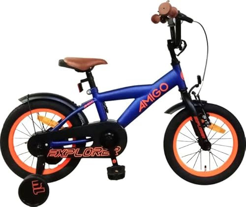 AMIGO Explorer - Kinderfahrrad - 14 Zoll - mit Handbremse, Rücktritt, Lenkerpolster und Stützräder - ab 4-5 Jahre - Blau/Orange