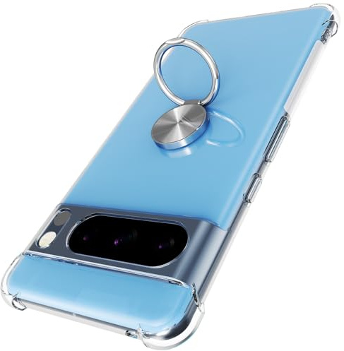 STARRYNOVA Hülle Ringhalter Kompatibel mit Google Pixel 8 Pro, Crystal Clear Handyhülle Silikon Vier Ecken Anti-Fall TPU Case 360 Grad Ständer Schutzhülle - Silberner Ring