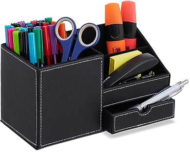 Relaxdays Schreibtisch Organizer, Büroorganizer, 3 Fächer & Schublade, HBT: 12x22,5x11 cm, Stiftehalter, schwarz/weiß, Kunststoff, Baumwolle, Papier