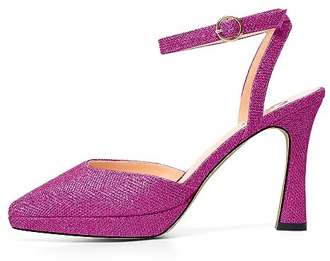 Castamere Mujer Alto High Aguja Plataforma Heel Puntiaguada Punta Pumps Correa Tobillo Slingback Sandalias Cierre con Hebilla Glitter 10 CM Heels Fucsia Glitter 44 EU