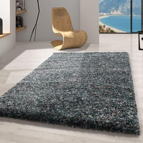 Carpetsale24 Hochflor Teppich 160x230 cm Blau – Shaggy Langflor, Meliert, Weich & Pflegeleicht, Jute-Rücken – Für Wohnzimmer & große Räume
