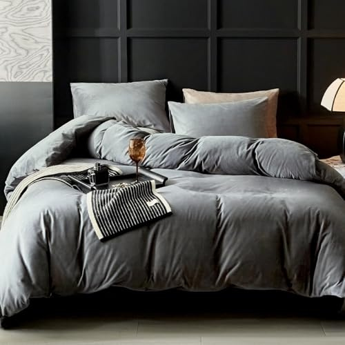 WARMDERN Smoky Gray Flannel Velvet Duvet Cover Queen Size Duvet Cover Bedding Sets, 3pcs Ultra Soft Luxury Textured Modern Crystal Velvet Duvet Covers with Zipper Closure(Smoky Gray, Queen)