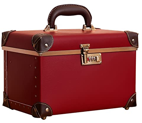 urecity Maletín de maquillaje de piel vintage con espejo, rígida, estuche de maquillaje para mujer, estuche de maquillaje de viaje con cerradura de combinación y gran espacio de almacenamiento (diseño