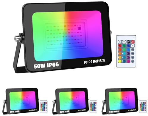 RIGIDON 4x RGB LED Strahler mit Fernbedienung, 50W 5000LM RGBW Flutlicht | 16 Farben 4 Modi Dimmbar IP66 Wasserdicht Farbwechsel Fluter Bunt für Party Garten Baum Landschaft Disco Feiern, Ohne Stecker