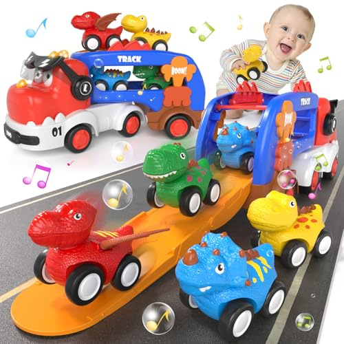 usrela Dinosaurier Transporter LKW Spielzeug Autos für Jungen 2 3 4 5, 5 in 1 Dinosaurie Kleinkinder LKW Spielzeug mit Licht und Musik, Kinderspielzeug Weihnachten Geburtstag für 3 4 5 Jungen