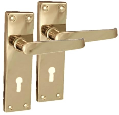 Epsom Door Handle Victorian Straight Electro Brass Lever Lock Set – 1 Pair (150mm x 42mm) – Traditional Backplate Design for Bathroom & Interior Use