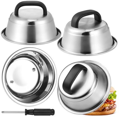 Kssvzz Burgerglocke, 4 Stück Edelstahl Burger Glocke Grill mit Gummigriff, Schmelzglocke Burger Zubehör für Grill, Teppanyaki, Käse, Steak, Schwerlast, Außen und Innen, Spülmaschinenfest