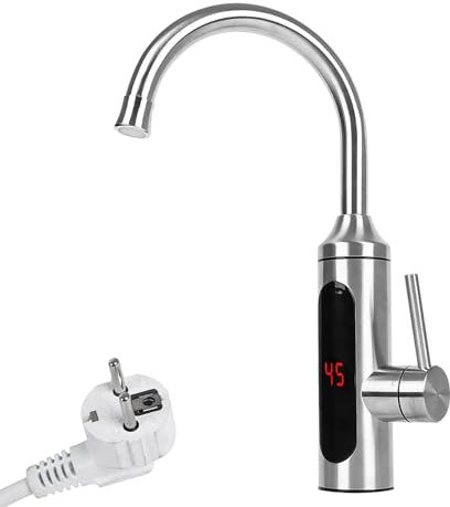 Inscrip Elektrische Heizung Wasserhahn, 220V 3000W Edelstahl Elektrische Küchenarmatur Durchlauferhitzer mit LCD Temperaturanzeige, 360° Drehbar Warmwasserhahn für Küche Bad Wohnmobil (D)
