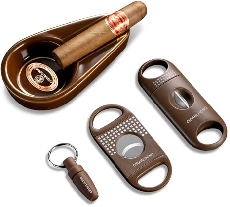 CIGARLOONG Cigar Ashtray and Cigar Cutter Set,Portable Ceramic Ashtray with Cigar Guillotine,Cigar V-Cutter and Cigar Punch,Cigar Accessories Set,Gift for Men (Brown)