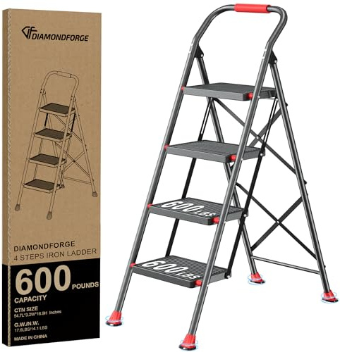 Step Ladder Foldable Folding Stool - for Home Adults Kitchen 4 Stepping Extension Tall Heavy Duty with Handrails - Closet Stepstool Stair Ladders Extendable Stepladder for Indoor House 600Lbs
