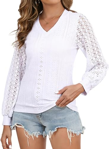 Klassisk virkad skjorta med lösa ärmar och V-hals, elegant blus tröja för vår sommar höst, Vit, M
