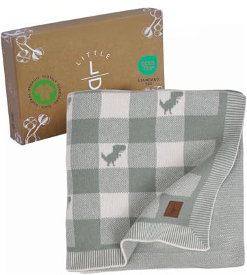 Little Dedi Bio-Baumwolle Babydecke mit Karos und Dinos, Lindgrün/Beige – GOTS Zertifiziert, Weich & Atmungsaktiv, 80x100 cm, Für Jungen & Mädchen