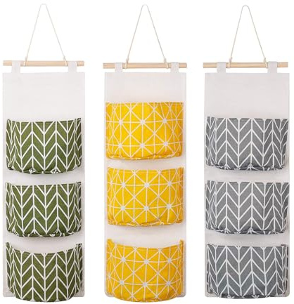 Jesustree Hängeorganizer 3 Stück Wasserdicht Hängende Aufbewahrungstasche Wand Türorganizer Utensilientasche mit 3 Taschen für die tägliche Lagerung, Grün + Grau + Gelb