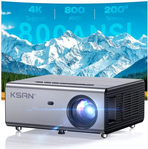 KSAN Proyector, [800 lúmenes ANSI] Proyector de películas al aire libre, proyector con WiFi 6 y Bluetooth 5.2, proyector de video de cine en casa compatible con 200 pulgadas, altavoz de 5 W