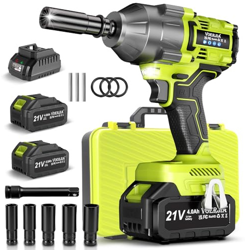 VOERJIA Cordless Impact Wrench 1/2 Inch, 1000Nm High Torque Brushless Impact Gun, 21V Heavy Duty Impact Wrench Kit with 2×4.0Ah Batteries, 5 Sockets & Case – Ideal for Car Tyres, Vans & DIY Garage