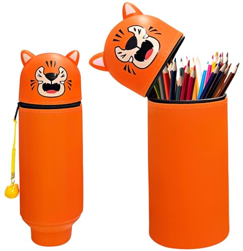 Healife 2 in 1 Weiche Silikontasche Kawaii Federmäppchen mit reißverschluss, buntstifte Marker Halter, büro Uni schulbedarf, niedliche mädchen haie Tasche in grau (Gelber Tiger)