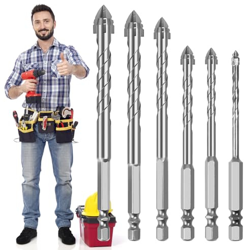 Steinbohrer set Exzenterbohrer Vierschneidiger Sägezahn 6 Stück 4/5/6/8/10/12 mm Holzbohrer Hochfeste Fliesenbohrer Glasbohrer Betonbohrer Metallbohrer HSS Spiralbohrer set für Beton Glas Keramik Holz