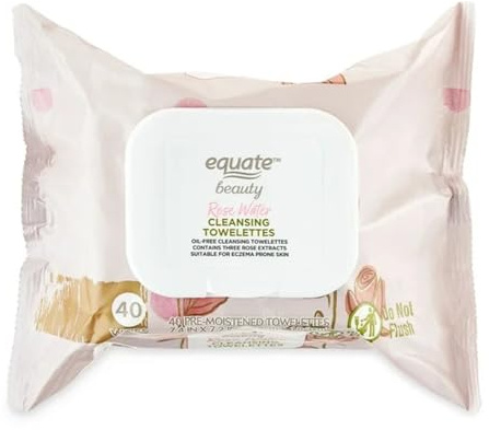 Equate Beauty Rose Water Cleansing Towelettes, 40 Pre-moistened Wipes (Pack of 2)