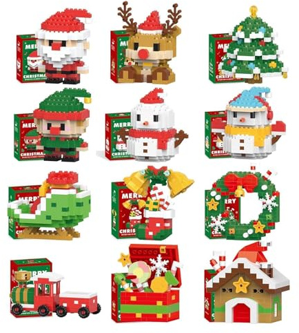 Ensemble de 12 Blocs de Construction de Conception de Père Noël, Décor À Thème de Blocs de Construction de Noël, Mini Figurines de Construction, Bas de Noël À Faire Soi-même, Arbre de Noël 12pcs