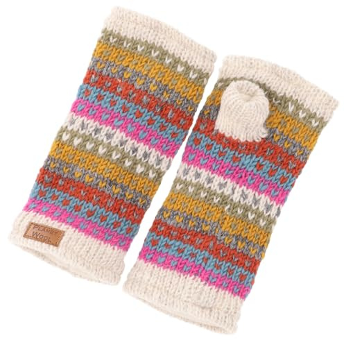 Handstulpen, handgestrickte Wollstulpen aus Nepal, gemustert, creme/bunt