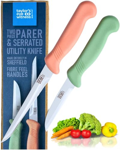 Taylors Eye Witness Sheffield Made Paring & Serrated Utility Knife - Set of 2 Heavy Duty & Razor Sharp Multipurpose Knives with Ultra Fine Precision Ground Stainless Steel Blade & Fibre Grip Handle