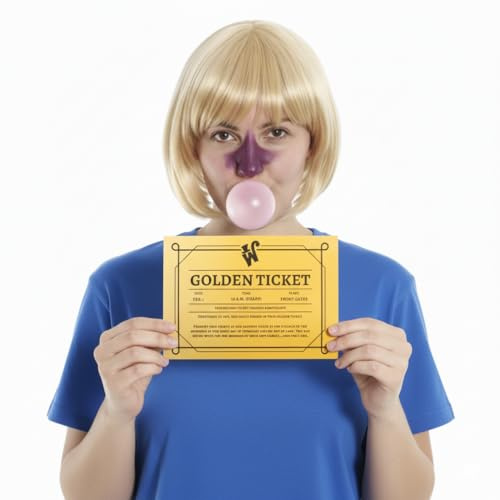 Ensemble de costume Bubblegum pour fille – Perruque blonde, peinture pour visage violet et accessoire de billet doré – Déguisement amusant de chocolaterie pour Halloween, fêtes et cosplay, journée