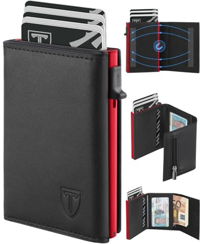 TEEHON Cartera Hombre de Cuero con Cierre Magnético, Tarjetero con Bloqueo RFID, Cartera Tarjetero Hombre pequeño para Crédito, Billetes y Monedas con Caja de Regalo, Toda Estación, Negro & Rojo