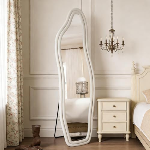 PerGar Miroir pour corps entier, Miroir à ondulations irrégulières, Miroir debout avec cadre en bois gainé de flanelle, à suspendre/adosser, pour la chambre, le salon, la garde-robe, le couloir (Blanc