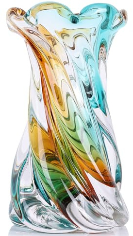Scultura vaso in vetro artistico soffiato a mano, grande apertura pesante a turbine/goccia, vaso da fiori in stile Murano per decorazione della casa, decorazione moderna color teal ambra per camera da
