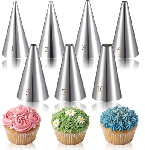 LXUEJIE Set med 7 st runda hål rörspetsar i rostfritt stål, muffins, glasyrmunstycken, professionella glasyrdispensrar tillbehör, tårtdekorationsverktyg för bakning av kakor, puff munk, gräddfärgad