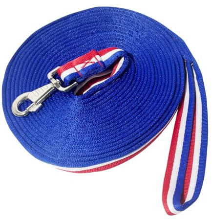 AQINGR Horse Training Lunge Line, Black with Red Stripe, Nylon, 26 Foot Length, Training Halter Cord with Alloy Trigger Buckle for Equestrian Training (Blue/White/red, 8 metres)