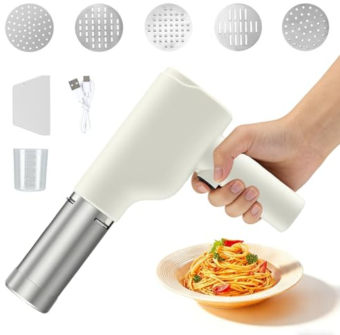 Handheld Electric Pasta Maker, Cordless Pasta Maker Machine, Portable Noodle Maker with Dough Cutter, 5 Pasta Moulds, Stainless Steel Automatic Noodle Press Machine, Spaghetti Machine, 20S Quick Press