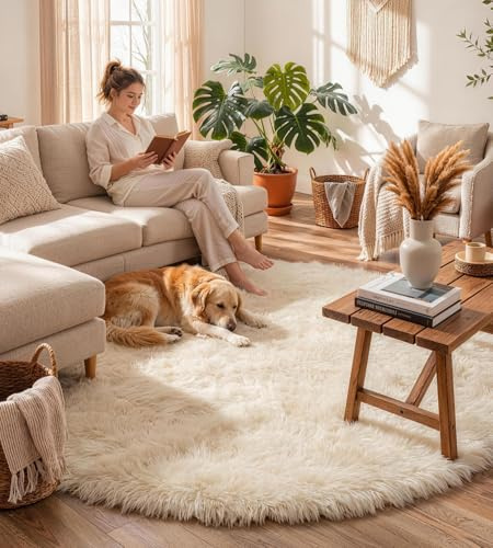 VOFUSHON Tapis Rond à Poils Longs 150 CM Crème Tapis Chambre Lavable Antidérapant Ultra-Doux Grand