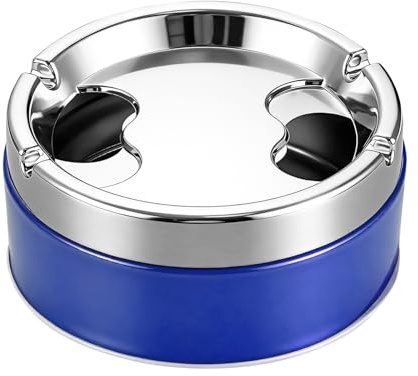 Runder Aschenbecher Auto mit Deckel aus Edelstahl,Winddicht Aschenbecher,Draußen und Drinnen Aschenbecher,tragbarer Aschenbecher mit drehbarem Deckel für Auto, Garten, Büro, Haushalt (Blau)