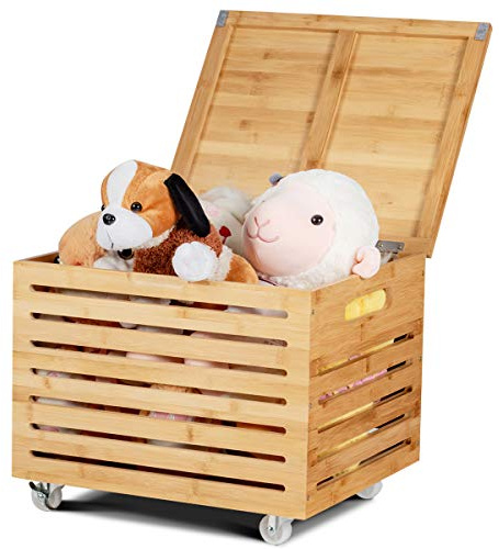 RELAX4LIFE Coffre de Rangement en Bambou avec Roulettes, Couvercle et Design à Lattes, Boîte de Rangement Multifonction pour Jouets, Documents, Couvertures, Salon, Chambre, Bureau 43 x 36 x 36 cm