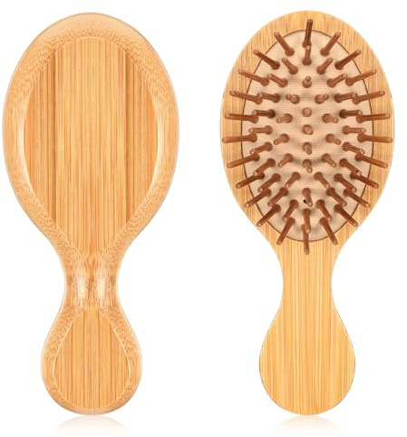 Wanmu 2 cepillos de pelo de bambú con cerdas de bambú natural, mini cepillo de masaje de cuero cabelludo de madera natural, cepillo de pelo para desenredar, cepillo para todo tipo de cabello y
