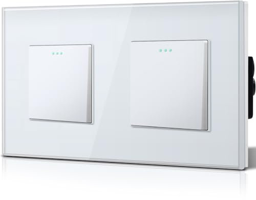 BSEED Interruptor Conmutador,Basculante Con Luz de Orientación,Marco de Cristal,Fácil Instalación,Fáciles de Limpiar,Doble 1 Gang 2 Vía,157mm Blanco