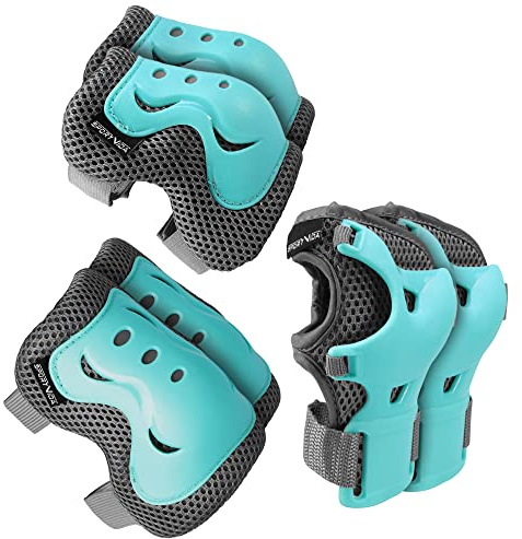 SportVida Schützer Set für Kinder Knieschoner Handgelenkschoner Ellenbogenschoner Protektoren Schutzausrüstung Schützer Protektorenset für Skateboard Roller Skaten (L, GRAU UND BLAU)
