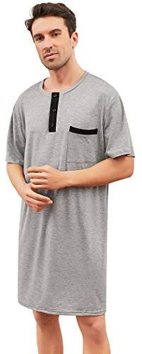 Herren Nachthemd Kurzarm Rundhals Schlafanzugoberteil Weich Baumwolle Sleepshirt mit Knopfleiste Lufitg Schlafanzug ohne Hosengummi Grau,L