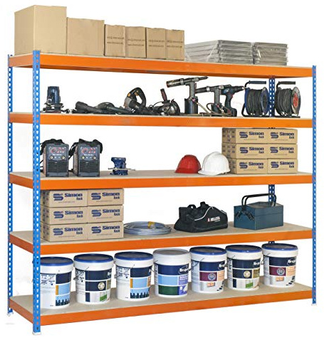 Simonrack - Étagère métallique 5 niveaux - 2500 x 1500 x 750 mm - KIT SIMONFORTE - CHIPBOARD - Bleu - Orange - Bois