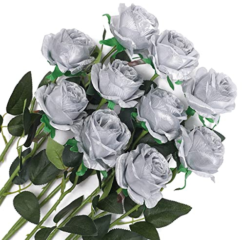 Veryhome 10 Stücke Künstliche Rosen Silk Blumen Gefälschte Flowers Braut Hochzeit Bouquet Für Hausgarten Geburtstag Party Home Wedding Dekor (Silber)