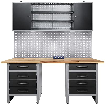 Ondis24 Werkstatteinrichtung Bernd 160cm, Werkstatt - Werkbank, Hängeschrank, Euro - Lochwand, LED, Buchenholzarbeitsplatte, versenkbare Steckdosenleiste