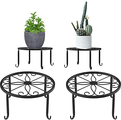 YANJINGHE 2 Pieces Flower Stool Plant Stand, Flower Stands, Retro Design, Round, Wrought Iron, Flower Pot Holder, Metal Flower Pot Stand, Flowerpot Base, for Indoor Balcony, Outdoor Garden (Black)