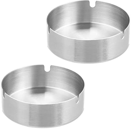 Relaxdays Aschenbecher, 2er Set, Edelstahl, draußen & drinnen, Ø 10 cm, Tischaschenbecher mit Zigarettenhalter, Silber