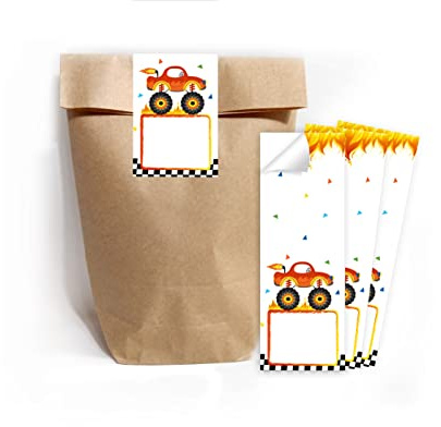 12 Geschenktüten (natur) + 12 Aufkleber Monster-Truck Geschenktüten für Mitgebsel Gastgeschenk einpacken beim Kindergeburtstag Jungensgeburtstag
