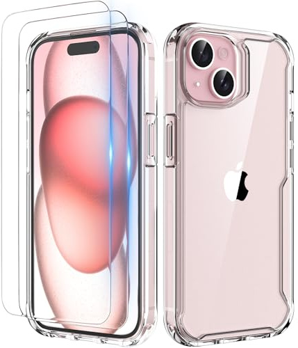 ORETECH für iPhone 15 Plus Hülle mit 2 Schutzfolie, Durchsichtig | Kameraschutz, Militärschutz Stoßfeste Kratzfeste Transparent Rückseite Handyhülle für iPhone 15 Plus